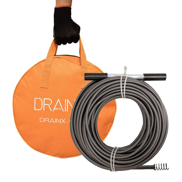 DrainX Drainx Pro Steel Drum Auger Plumbing Snake  Heavy Duty 25-Ft Drain  Cable with Work Gloves and Storage Bag