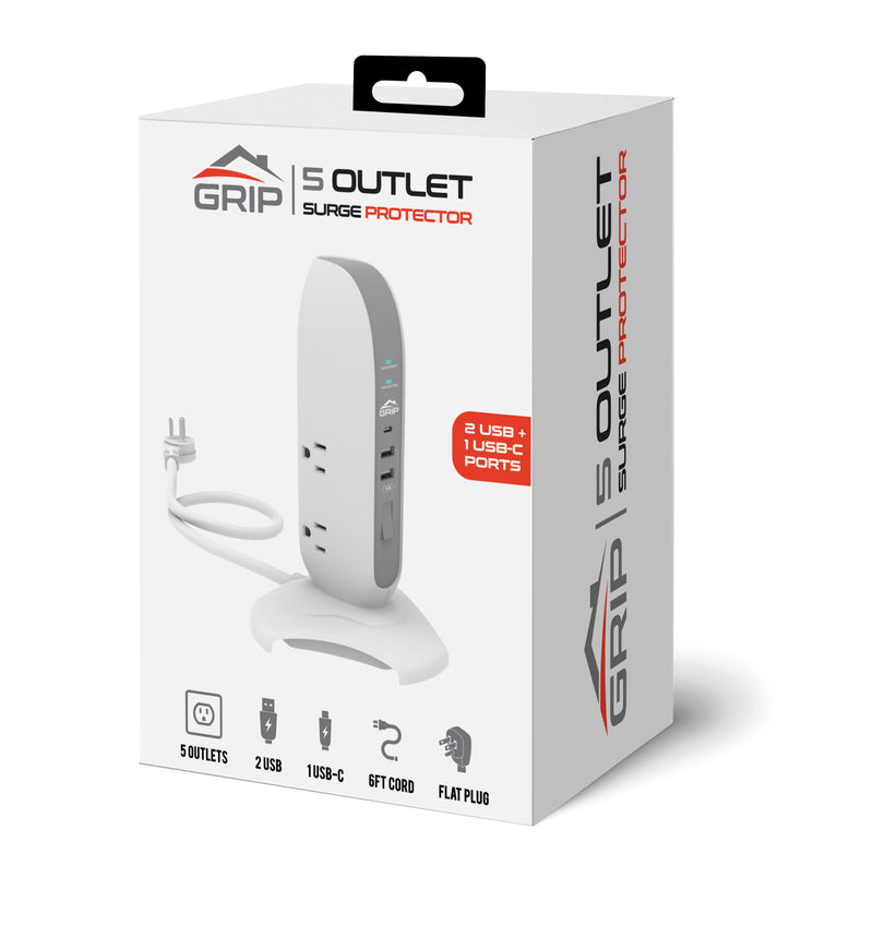 Grip 5 Outlet Tower Surge Protector with 2 USB / 1 USB-C Ports